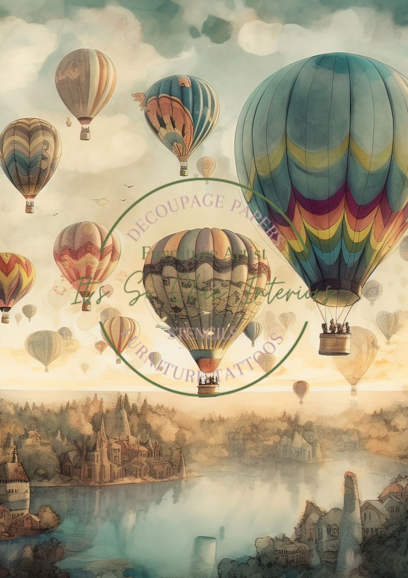 A4 Vintage Hot Air Balloons Mulberry Decoupage Paper