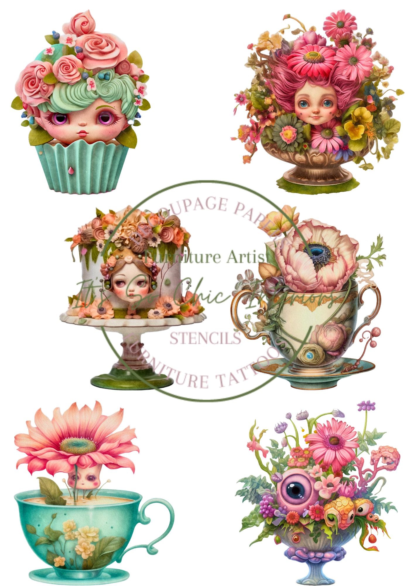 A4 Whimsical Tea party Mulberry Decoupage Paper (2 different sheets included in the pack)