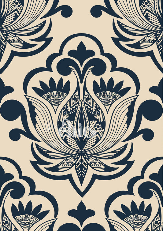 Abstract Damask Cream & Navy